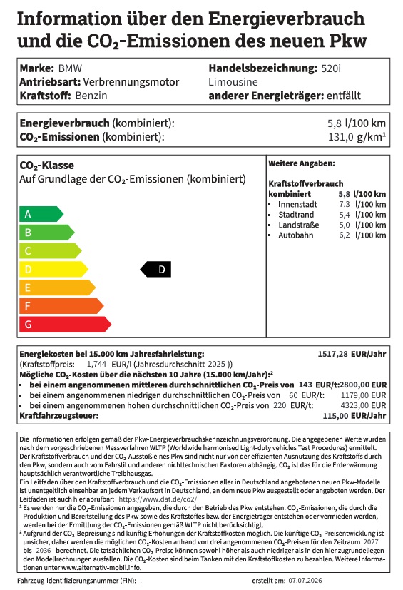 Ein Energieverbrauchs- und CO2-Emissions-Label für einen BMW 520i Limousine mit Benzinantrieb. Es zeigt einen kombinierten Verbrauch von 5,8 l/100 km, CO2-Emissionen von 131,0 g/km und die Effizienzklasse D