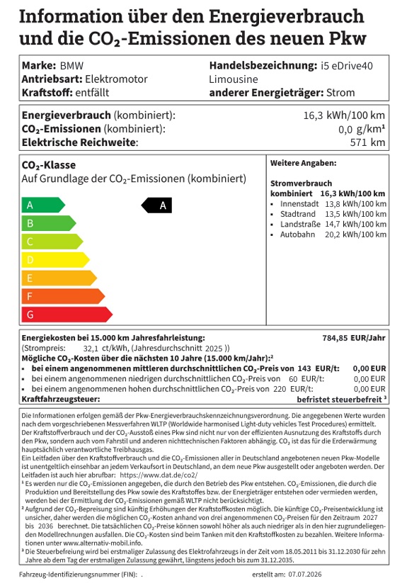 Das Bild zeigt ein offizielles Dokument mit dem Titel "Informationen über den Energieverbrauch und die CO2-Emissionen des neuen Pkw". Es handelt sich um ein Energieeffizienzlabel für ein Fahrzeug der Marke BMW, Handelsbezeichnung i5 eDrive40 Limousine, angetrieben von einem Elektromotor und Strom als Energieträger. 