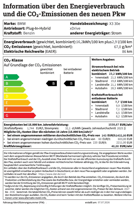 Das Dokument ist das offizielle deutsche Energieverbrauchs-Label für den Plug-in-Hybriden BMW X3 30e xDrive. Es weist einen gewichteten kombinierten Verbrauch von 16,2 kWh Strom und 2,9 Litern Benzin auf 100 km aus, was einer CO₂-Emission von 67,0 g/km und der CO₂-Klasse B entspricht. Die rein elektrische Reichweite beträgt 86 km. Bei entladener Batterie steigt der reine Kraftstoffverbrauch auf kombiniert 7,7 l/100 km (CO₂-Klasse F). Die jährlichen Energiekosten werden bei 15.000 km Fahrleistung auf 1.539,42 Euro beziffert, die Kfz-Steuer beträgt 40,00 Euro pro Jahr.
