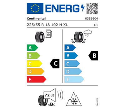 EU-Reifenlabel für Continental Winterreifen mit Angaben zu Effizienzklasse C, Nasshaftung B und externem Rollgeräusch von 72 Dezibel.