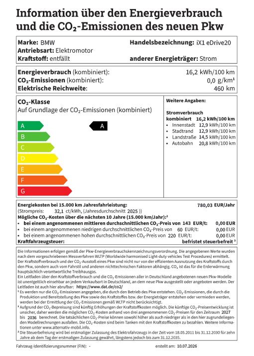 Ein Energieverbrauchs- und CO2-Emissions-Label für einen BMW iX1 eDrive20 Elektromotor