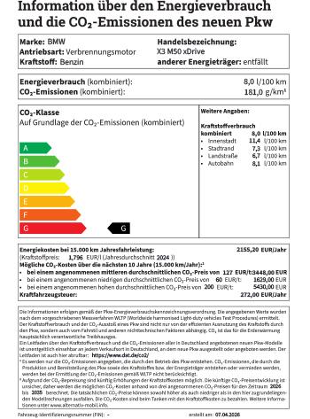 Hier sind die Verbrauchsdaten und die CO2-Einstufung für den BMW X3 M50 xDrive zu sehen.