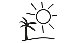 Ein schwarzes Umriss-Symbol einer stilisierten Sonne mit Strahlen über einer Palme auf einer kleinen Insel oder einem Hügel.