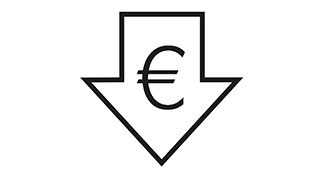 Ein schwarzer Umriss eines nach unten zeigenden Pfeils, in dessen Mitte ein Euro-Symbol (€) platziert ist.