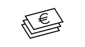 Drei gestapelte Geldscheine als schwarze Umrisse, wobei auf dem oberen Schein ein Euro-Symbol (€) zu sehen ist.