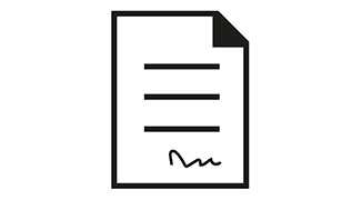 Ein schwarzes Umriss-Symbol eines Dokuments mit drei horizontalen Linien und einer Unterschrift am unteren Rand. Eine Ecke des Dokuments ist umgeknickt.